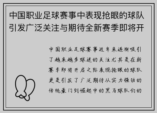 中国职业足球赛事中表现抢眼的球队引发广泛关注与期待全新赛季即将开启