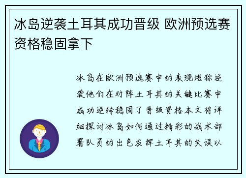 冰岛逆袭土耳其成功晋级 欧洲预选赛资格稳固拿下
