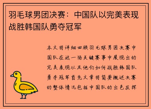 羽毛球男团决赛:中国队以完美表现战胜韩国队勇夺冠军