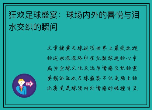狂欢足球盛宴:球场内外的喜悦与泪水交织的瞬间