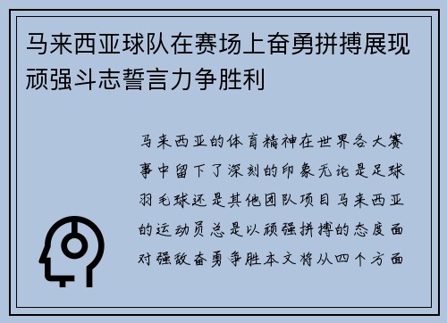 马来西亚球队在赛场上奋勇拼搏展现顽强斗志誓言力争胜利